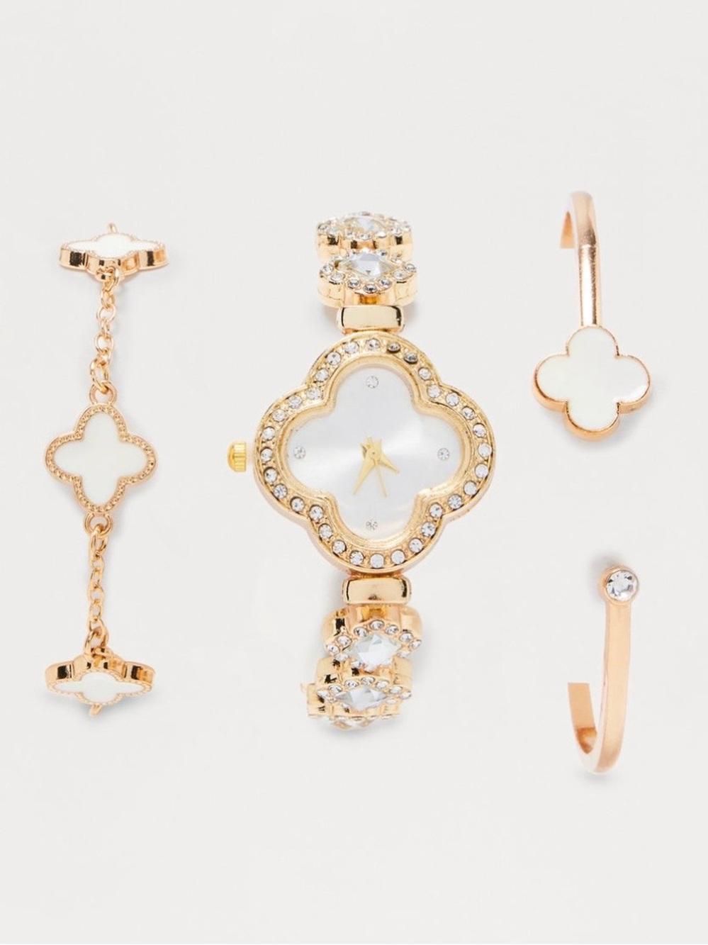 Gold-Tone White Clover Watch and Bracelet Set